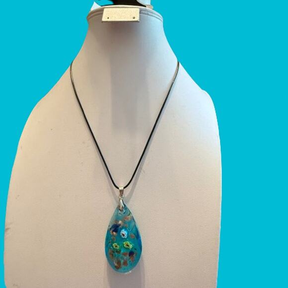 Light Blue Sparkly Artisan Millefiori Faceted Glass Pendant - Picture 6 of 9